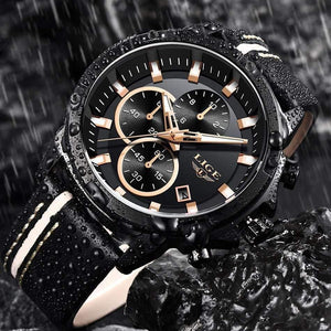 Planet Gates Rose Gold Black Men Watches Fashion Chronograph Male Top Brand Luxury Quartz Watch Men Leather Waterproof Sport Watch Relogio Masculino
