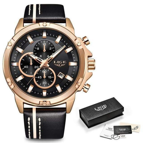 Planet Gates Rose Gold Black Men Watches Fashion Chronograph Male Top Brand Luxury Quartz Watch Men Leather Waterproof Sport Watch Relogio Masculino