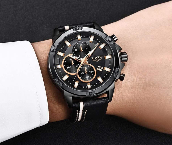 Planet Gates Rose Gold Black Men Watches Fashion Chronograph Male Top Brand Luxury Quartz Watch Men Leather Waterproof Sport Watch Relogio Masculino