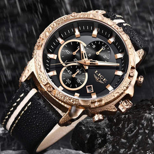 Planet Gates Rose Gold Black Men Watches Fashion Chronograph Male Top Brand Luxury Quartz Watch Men Leather Waterproof Sport Watch Relogio Masculino