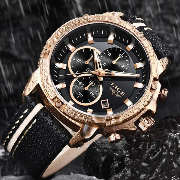 Planet Gates Rose Gold Black Men Watches Fashion Chronograph Male Top Brand Luxury Quartz Watch Men Leather Waterproof Sport Watch Relogio Masculino