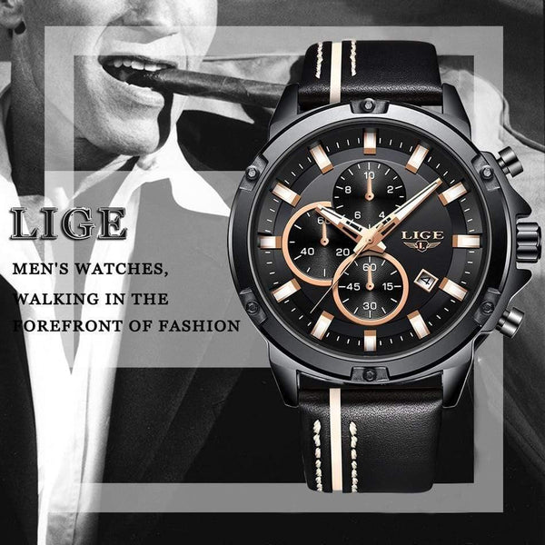 Planet Gates Rose Gold Black Men Watches Fashion Chronograph Male Top Brand Luxury Quartz Watch Men Leather Waterproof Sport Watch Relogio Masculino