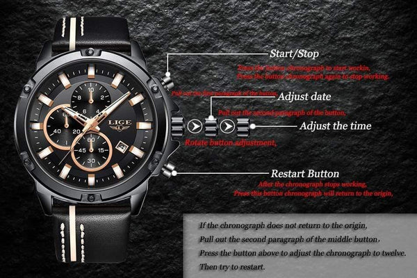 Planet Gates Rose Gold Black Men Watches Fashion Chronograph Male Top Brand Luxury Quartz Watch Men Leather Waterproof Sport Watch Relogio Masculino