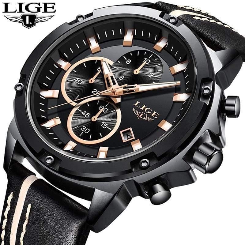 Planet Gates Rose Gold Black Men Watches Fashion Chronograph Male Top Brand Luxury Quartz Watch Men Leather Waterproof Sport Watch Relogio Masculino