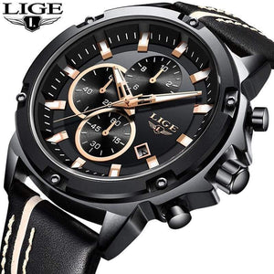 Planet Gates Rose Gold Black Men Watches Fashion Chronograph Male Top Brand Luxury Quartz Watch Men Leather Waterproof Sport Watch Relogio Masculino