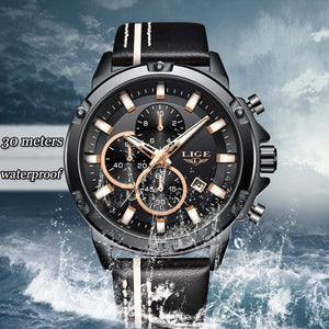 Planet Gates Rose Gold Black Men Watches Fashion Chronograph Male Top Brand Luxury Quartz Watch Men Leather Waterproof Sport Watch Relogio Masculino