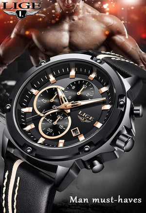 Planet Gates Rose Gold Black Men Watches Fashion Chronograph Male Top Brand Luxury Quartz Watch Men Leather Waterproof Sport Watch Relogio Masculino