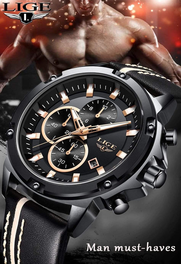 Planet Gates Rose Gold Black Men Watches Fashion Chronograph Male Top Brand Luxury Quartz Watch Men Leather Waterproof Sport Watch Relogio Masculino