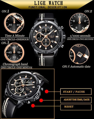 Planet Gates Rose Gold Black Men Watches Fashion Chronograph Male Top Brand Luxury Quartz Watch Men Leather Waterproof Sport Watch Relogio Masculino