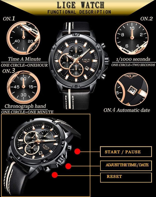 Planet Gates Rose Gold Black Men Watches Fashion Chronograph Male Top Brand Luxury Quartz Watch Men Leather Waterproof Sport Watch Relogio Masculino
