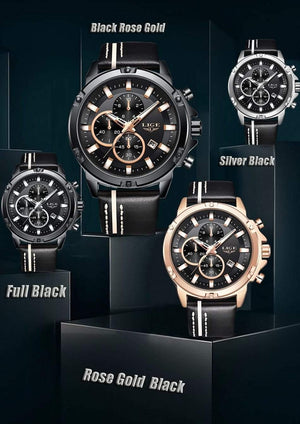 Planet Gates Rose Gold Black Men Watches Fashion Chronograph Male Top Brand Luxury Quartz Watch Men Leather Waterproof Sport Watch Relogio Masculino