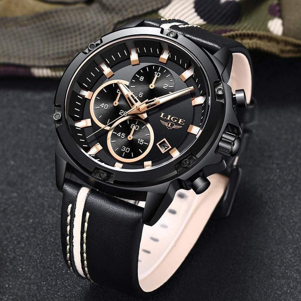 Planet Gates Rose Gold Black Men Watches Fashion Chronograph Male Top Brand Luxury Quartz Watch Men Leather Waterproof Sport Watch Relogio Masculino