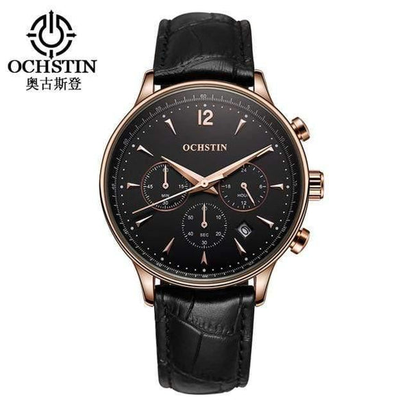 Planet Gates rose gold black Mens Watches OCHSTIN Brand Luxury Chronograph Date Clock Man Leather Sport Wrist Watch Men Business Quartz Watch