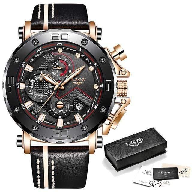 Planet Gates Rose gold black Mens Watches Top Brand Luxury Big Dial Military Quartz Watch Leather Waterproof Sport Chronograph Watch Men