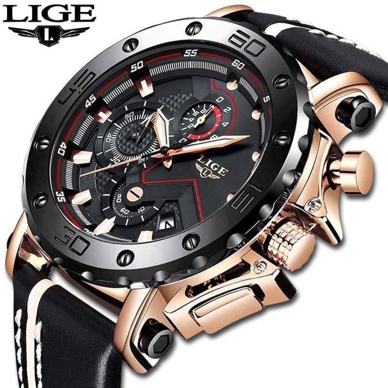 Planet Gates Rose gold black Mens Watches Top Brand Luxury Big Dial Military Quartz Watch Leather Waterproof Sport Chronograph Watch Men