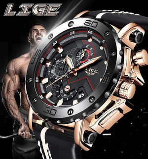 Planet Gates Rose gold black Mens Watches Top Brand Luxury Big Dial Military Quartz Watch Leather Waterproof Sport Chronograph Watch Men
