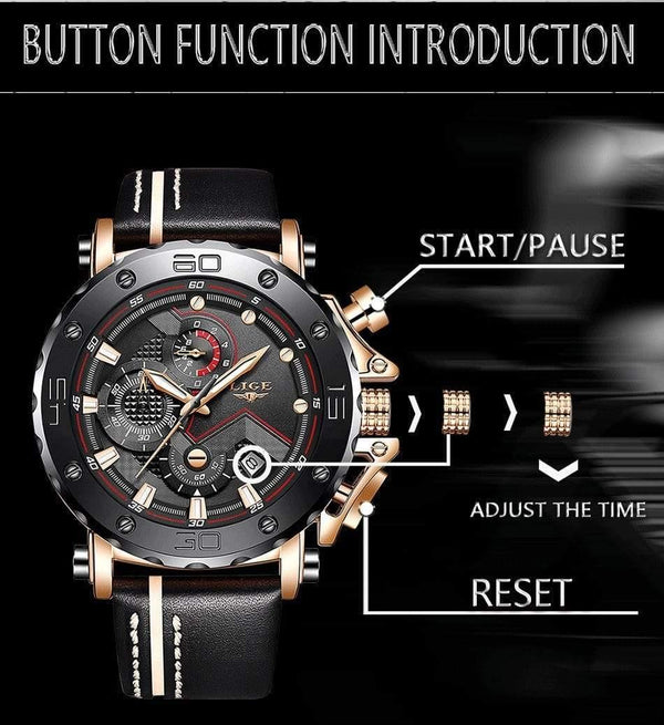 Planet Gates Rose gold black Mens Watches Top Brand Luxury Big Dial Military Quartz Watch Leather Waterproof Sport Chronograph Watch Men