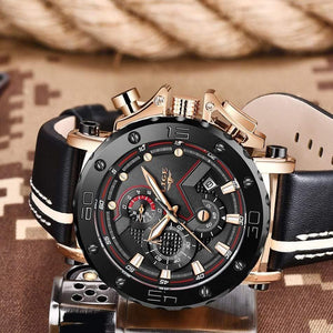 Planet Gates Rose gold black Mens Watches Top Brand Luxury Big Dial Military Quartz Watch Leather Waterproof Sport Chronograph Watch Men