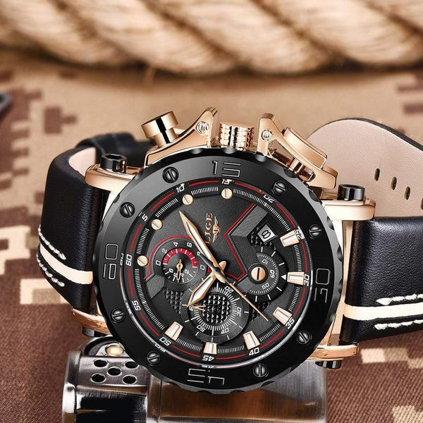 Planet Gates Rose gold black Mens Watches Top Brand Luxury Big Dial Military Quartz Watch Leather Waterproof Sport Chronograph Watch Men