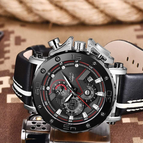 Planet Gates Rose gold black Mens Watches Top Brand Luxury Big Dial Military Quartz Watch Leather Waterproof Sport Chronograph Watch Men