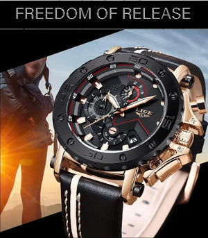 Planet Gates Rose gold black Mens Watches Top Brand Luxury Big Dial Military Quartz Watch Leather Waterproof Sport Chronograph Watch Men