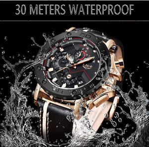 Planet Gates Rose gold black Mens Watches Top Brand Luxury Big Dial Military Quartz Watch Leather Waterproof Sport Chronograph Watch Men