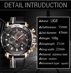 Planet Gates Rose gold black Mens Watches Top Brand Luxury Big Dial Military Quartz Watch Leather Waterproof Sport Chronograph Watch Men