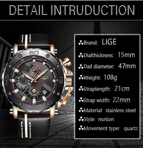 Planet Gates Rose gold black Mens Watches Top Brand Luxury Big Dial Military Quartz Watch Leather Waterproof Sport Chronograph Watch Men