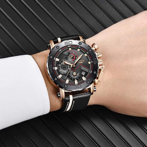 Planet Gates Rose gold black Mens Watches Top Brand Luxury Big Dial Military Quartz Watch Leather Waterproof Sport Chronograph Watch Men