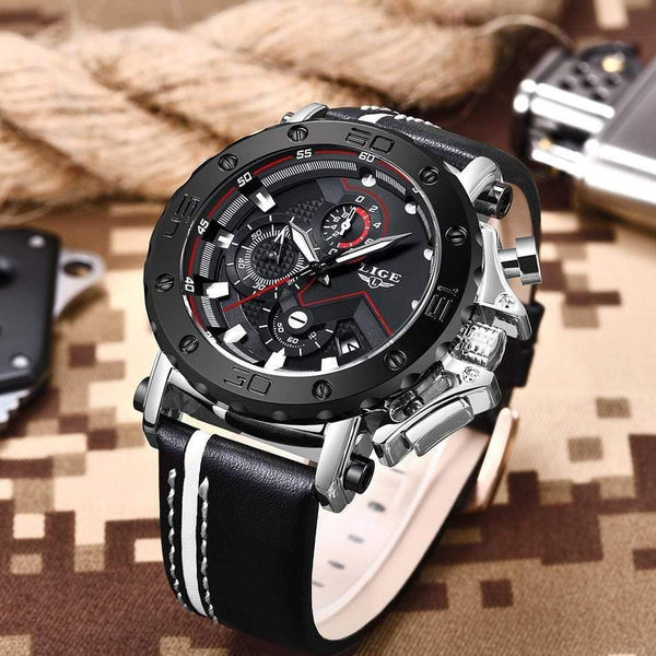 Planet Gates Rose gold black Mens Watches Top Brand Luxury Big Dial Military Quartz Watch Leather Waterproof Sport Chronograph Watch Men