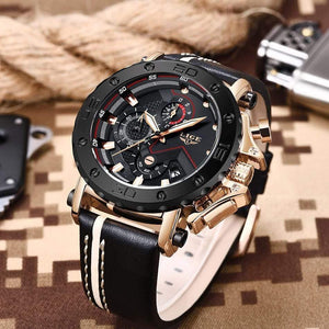Planet Gates Rose gold black Mens Watches Top Brand Luxury Big Dial Military Quartz Watch Leather Waterproof Sport Chronograph Watch Men