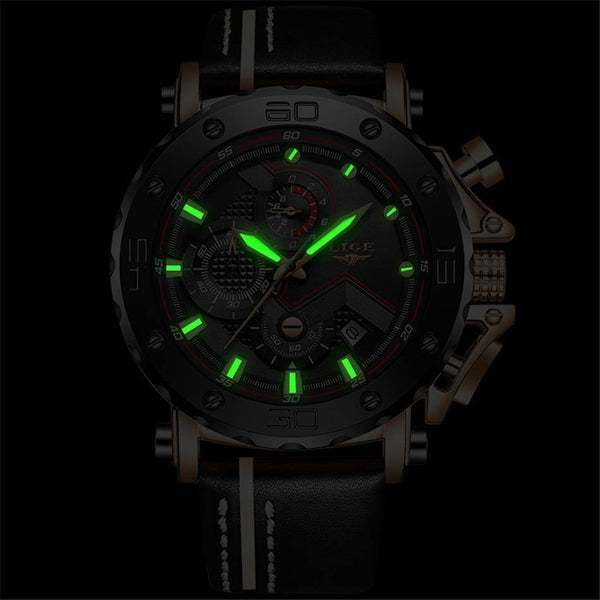 Planet Gates Rose gold black Mens Watches Top Brand Luxury Big Dial Military Quartz Watch Leather Waterproof Sport Chronograph Watch Men