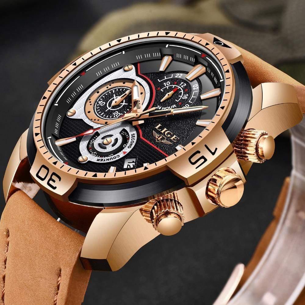 Planet Gates Rose gold black Mens Watches Top Brand Luxury Casual Leather Quartz Clock Male Sport Waterproof Watch Gold Watch Men Relogio Masculino