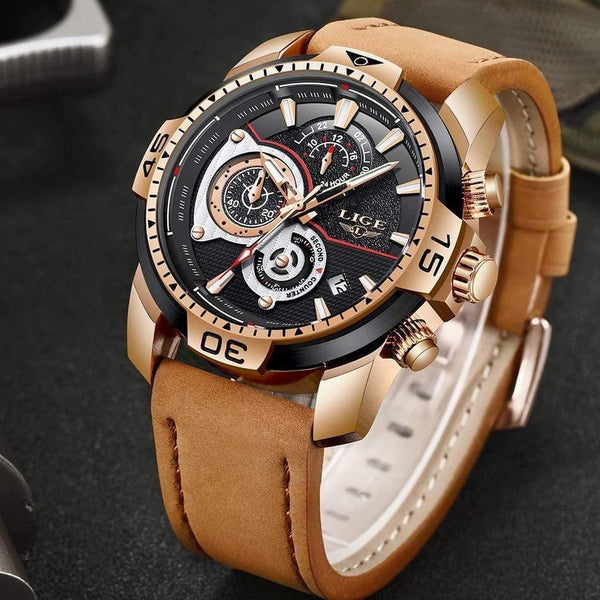 Planet Gates Rose gold black Mens Watches Top Brand Luxury Casual Leather Quartz Clock Male Sport Waterproof Watch Gold Watch Men Relogio Masculino