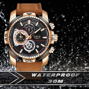Planet Gates Rose gold black Mens Watches Top Brand Luxury Casual Leather Quartz Clock Male Sport Waterproof Watch Gold Watch Men Relogio Masculino