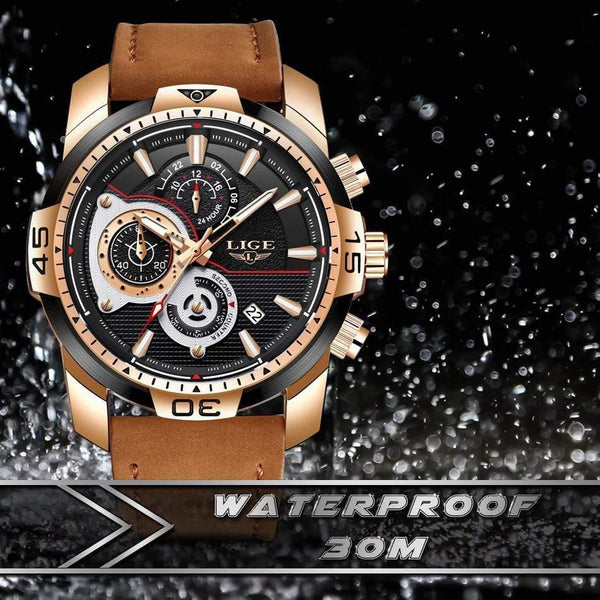 Planet Gates Rose gold black Mens Watches Top Brand Luxury Casual Leather Quartz Clock Male Sport Waterproof Watch Gold Watch Men Relogio Masculino