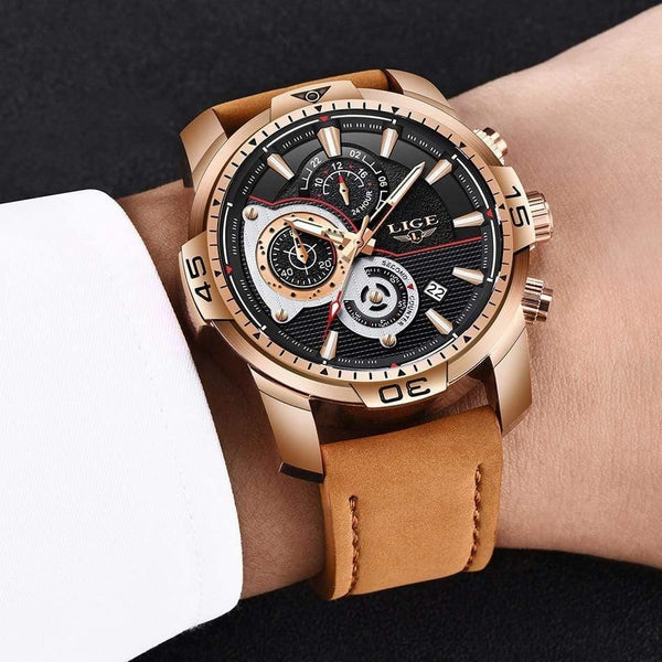 Planet Gates Rose gold black Mens Watches Top Brand Luxury Casual Leather Quartz Clock Male Sport Waterproof Watch Gold Watch Men Relogio Masculino