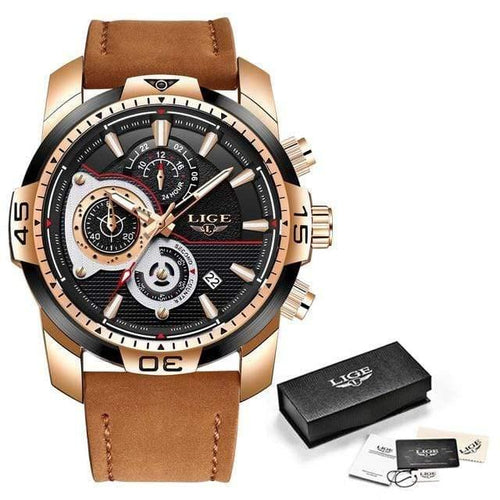 Planet Gates Rose gold black Mens Watches Top Brand Luxury Casual Leather Quartz Clock Male Sport Waterproof Watch Gold Watch Men Relogio Masculino