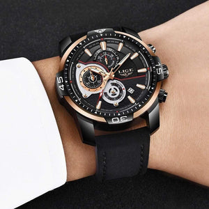 Planet Gates Rose gold black Mens Watches Top Brand Luxury Casual Leather Quartz Clock Male Sport Waterproof Watch Gold Watch Men Relogio Masculino