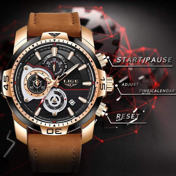 Planet Gates Rose gold black Mens Watches Top Brand Luxury Casual Leather Quartz Clock Male Sport Waterproof Watch Gold Watch Men Relogio Masculino