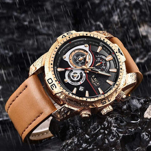Planet Gates Rose gold black Mens Watches Top Brand Luxury Casual Leather Quartz Clock Male Sport Waterproof Watch Gold Watch Men Relogio Masculino