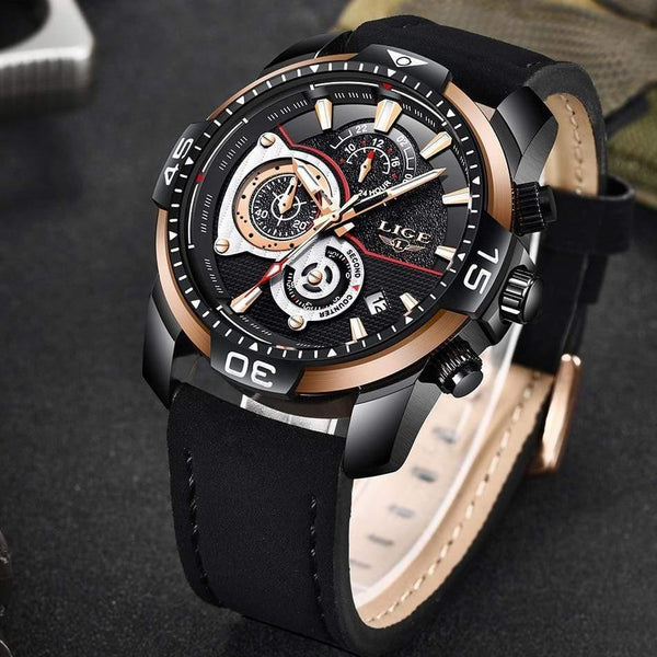 Planet Gates Rose gold black Mens Watches Top Brand Luxury Casual Leather Quartz Clock Male Sport Waterproof Watch Gold Watch Men Relogio Masculino