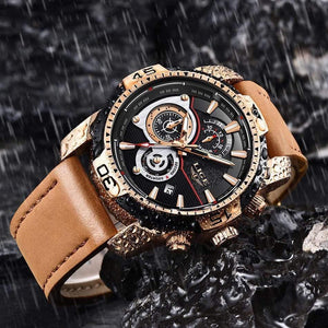 Planet Gates Rose gold black Mens Watches Top Brand Luxury Casual Leather Quartz Clock Male Sport Waterproof Watch Gold Watch Men Relogio Masculino