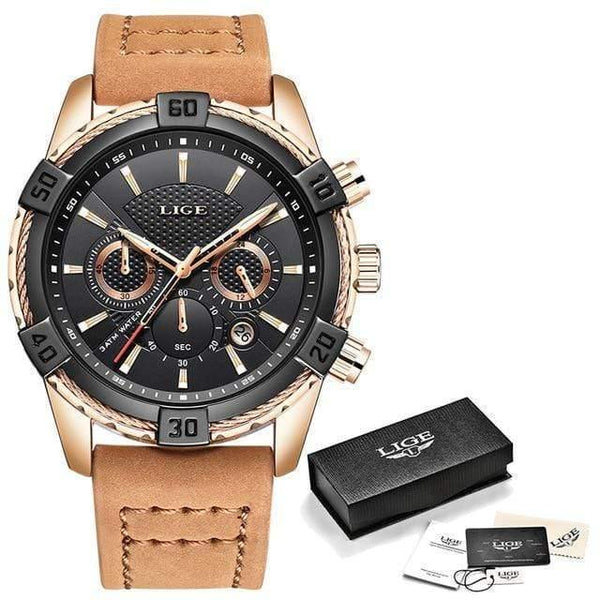 Planet Gates Rose gold black Mens Watches Top Brand Luxury Men Casual Leather Waterproof Chronograph Men Sport Quartz Clock Relogio Masculino