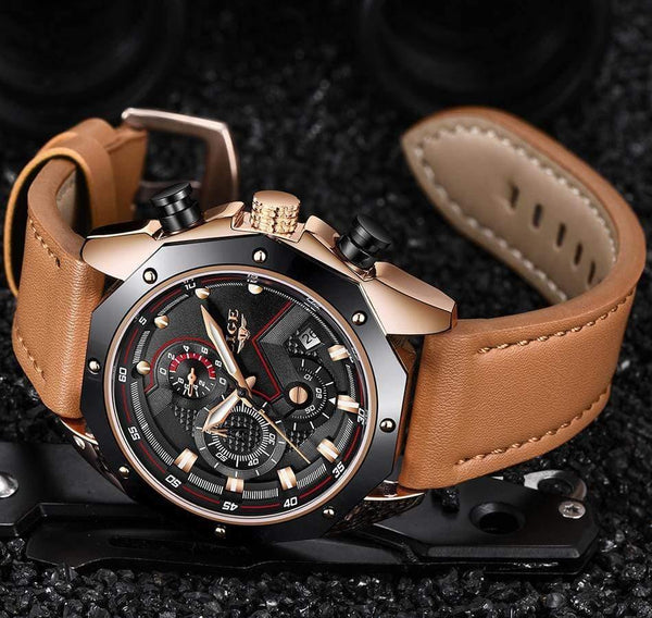 Planet Gates Rose gold black Mens Watches Top Brand Luxury Quartz Gold Watch Men Casual Leather Military Waterproof Sport Wristwatch Relogio Masculino