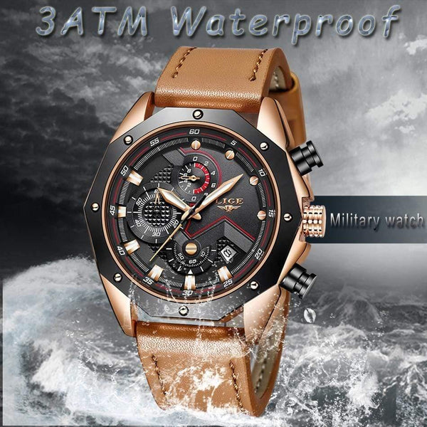 Planet Gates Rose gold black Mens Watches Top Brand Luxury Quartz Gold Watch Men Casual Leather Military Waterproof Sport Wristwatch Relogio Masculino