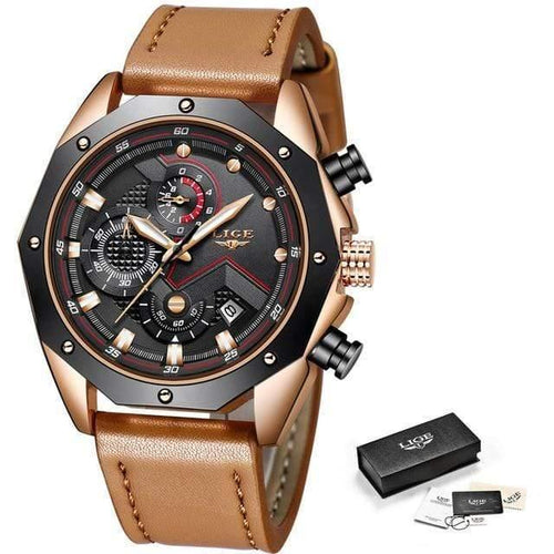 Planet Gates Rose gold black Mens Watches Top Brand Luxury Quartz Gold Watch Men Casual Leather Military Waterproof Sport Wristwatch Relogio Masculino