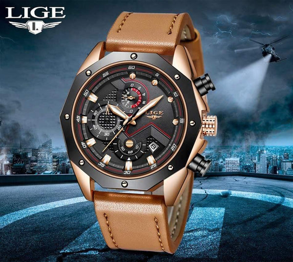 Planet Gates Rose gold black Mens Watches Top Brand Luxury Quartz Gold Watch Men Casual Leather Military Waterproof Sport Wristwatch Relogio Masculino