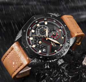 Planet Gates Rose gold black Mens Watches Top Brand Luxury Quartz Gold Watch Men Casual Leather Military Waterproof Sport Wristwatch Relogio Masculino