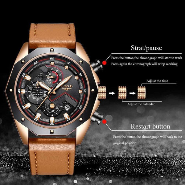 Planet Gates Rose gold black Mens Watches Top Brand Luxury Quartz Gold Watch Men Casual Leather Military Waterproof Sport Wristwatch Relogio Masculino